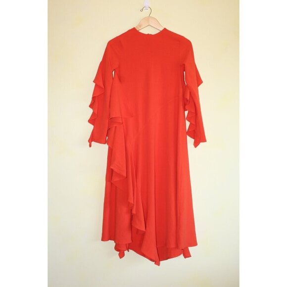 ZARA Hot Chile Ruffle Midi Dress size Small Orange Long Sleeves Pull over - Picture 4 of 9